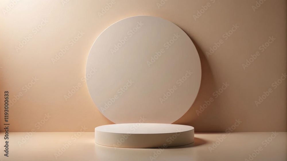 Cream-colored cylindrical pedestal and circular backdrop against a neutral background, ideal for product display or presentation Cream-colored cylindrical pedestal and circular backdrop against a neutral background, ideal for product display or presentation