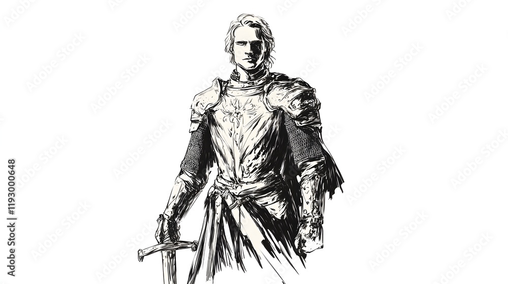 Fototapeta premium Heroic Knight in Ornate Armor Holding Glowing Sword on White