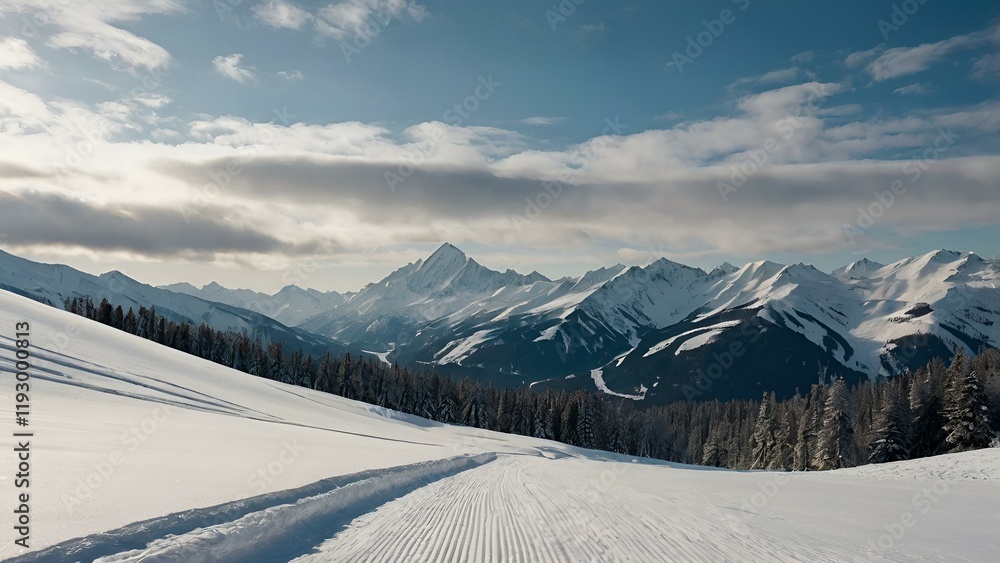 A panoramic view of snow-capped alpine peaks against a vibrant blue sky, with a winding ski resort snaking through the snowy forest A panoramic view of snow-capped alpine peaks against a vibrant blue sky, with a winding ski resort snaking through the snowy forest