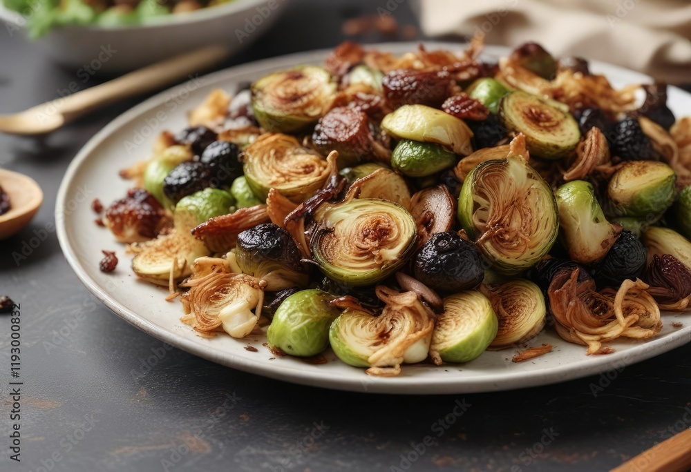 A plate of roasted Brussels sprouts with balsamic glaze and crispy onions , food, healthy, brown A plate of roasted Brussels sprouts with balsamic glaze and crispy onions , food, healthy, brown