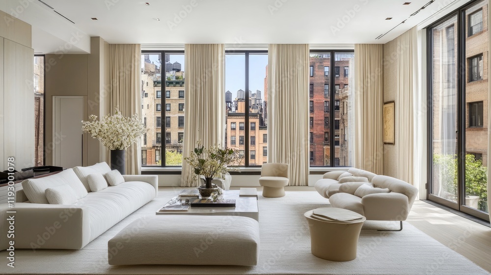 Fototapeta premium A chic and minimalist living room with a white sofa, clean lines, and elegant decor.