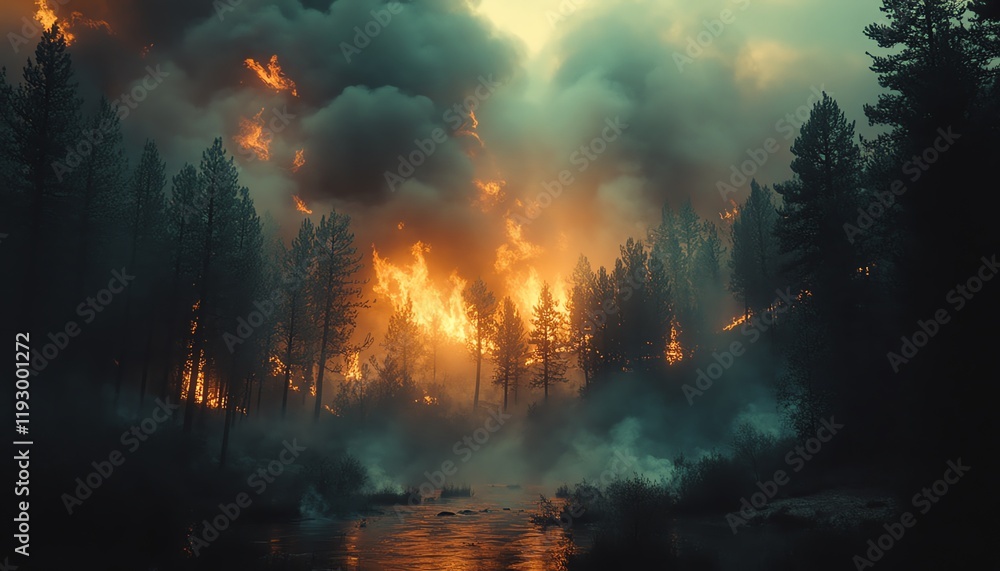 Stream of smoke and flame snaking through tree canopies, visualizing the destruction of a forest fire, environmental crisis, and the effects on natural habitats Stream of smoke and flame snaking through tree canopies, visualizing the destruction of a forest fire, environmental crisis, and the effects on natural habitats