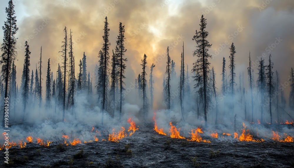 Fototapeta premium Stream of smoke and flame snaking through tree canopies, visualizing the destruction of a forest fire, environmental crisis, and the effects on natural habitats
