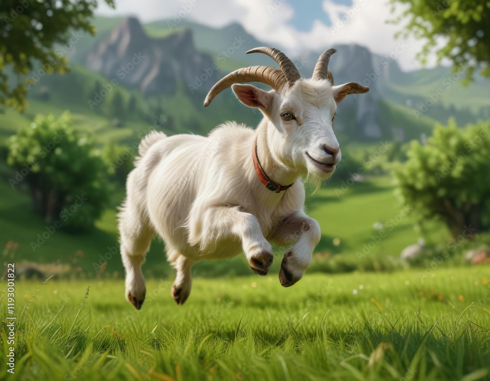 A playful little goat with two curved horns jumping in a green pasture, greenery, kid A playful little goat with two curved horns jumping in a green pasture, greenery, kid