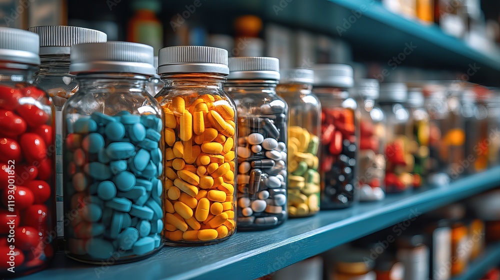 Colorful Medicine Bottles on Pharmacy Shelf red blue care pills drugs Colorful Medicine Bottles on Pharmacy Shelf red blue care pills drugs