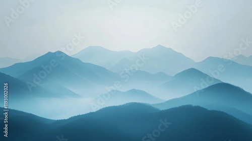 Ethereal and misty blue mountains layered delicately, creating a calming and serene atmosphere, inviting introspection and a deep sense of tranquility. photo