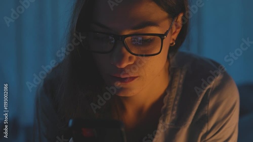 Young woman with phone addiction social networking at night