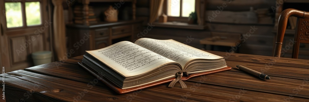A leather-bound journal with handwritten notes lying open on a rustic wooden desk in a charming countryside cottage, cozy writing space, literary element, leather-bound journal A leather-bound journal with handwritten notes lying open on a rustic wooden desk in a charming countryside cottage, cozy writing space, literary element, leather-bound journal