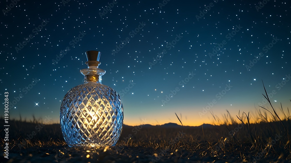 Obraz premium A nighttime still-life scene capturing a delicately cut crystal bottle under a clear star-filled sky, reflecting soft moonlight for a subtle vintage allure