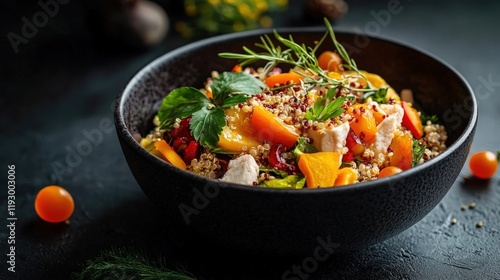 A colorful salad bowl brimming with fresh ingredients epitomizes healthy eating, emphasizing the importance of nutrition and well-being in daily life. photo