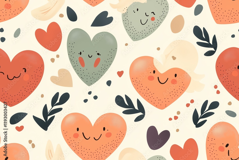 Adorable hand-drawn pattern featuring cheerful hearts with smiling faces, floral decorations, and leafy accents. Adorable hand-drawn pattern featuring cheerful hearts with smiling faces, floral decorations, and leafy accents.
