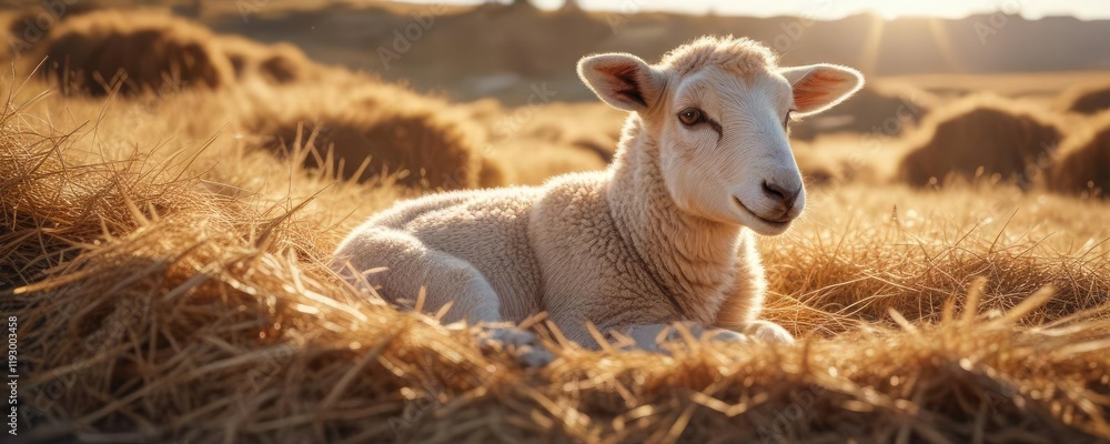 Obraz premium A lone lamb finds comfort in a bed of dry straw, basking in the warmth of the sun's rays , peaceful, sunlight