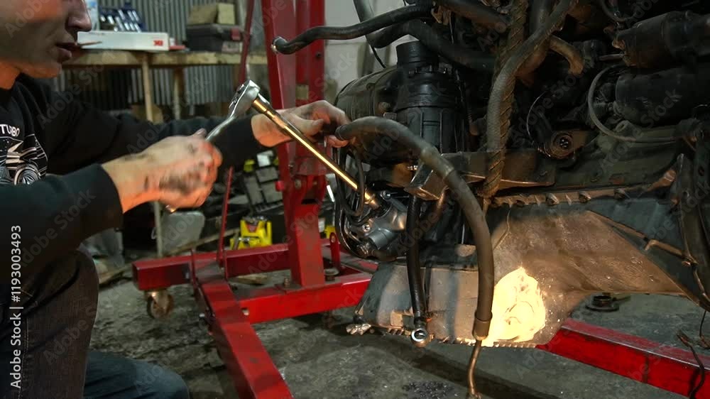 young mechanic repairs and installs an old gray car after a road accident young mechanic repairs and installs an old gray car after a road accident