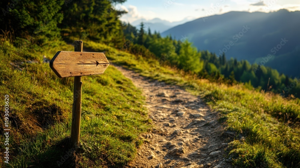 A weathered wooden sign points the way along a scenic hiking trail, surrounded by vibrant greenery and beautiful mountain views in the distance, evoking a sense of adventure. A weathered wooden sign points the way along a scenic hiking trail, surrounded by vibrant greenery and beautiful mountain views in the distance, evoking a sense of adventure.