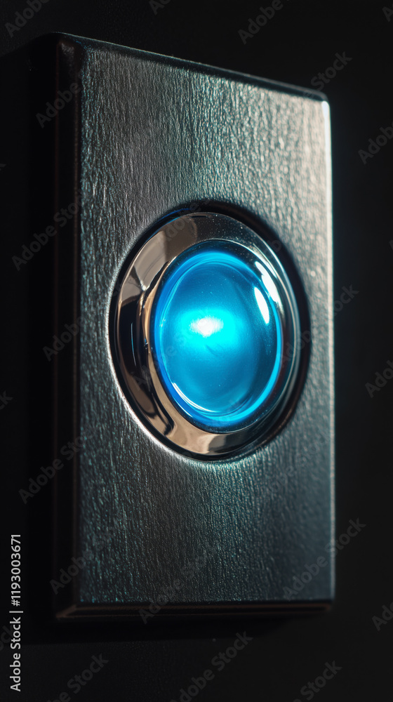 A blue button with a light on it A blue button with a light on it