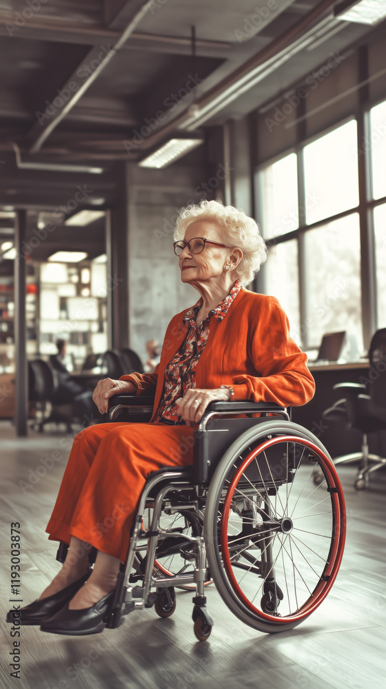 Obraz premium A woman in a wheelchair is sitting in a room with a window