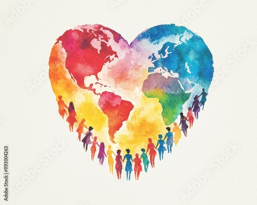 Heart-shaped design featuring diverse individuals around a radiant Earth