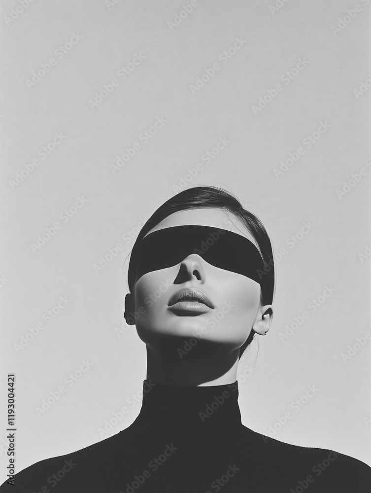 Fototapeta premium Blindfolded Beauty: A monochrome portrait of a woman, her face partially obscured by a black blindfold, gazes serenely upward, evoking a sense of mystery and quiet contemplation. 
