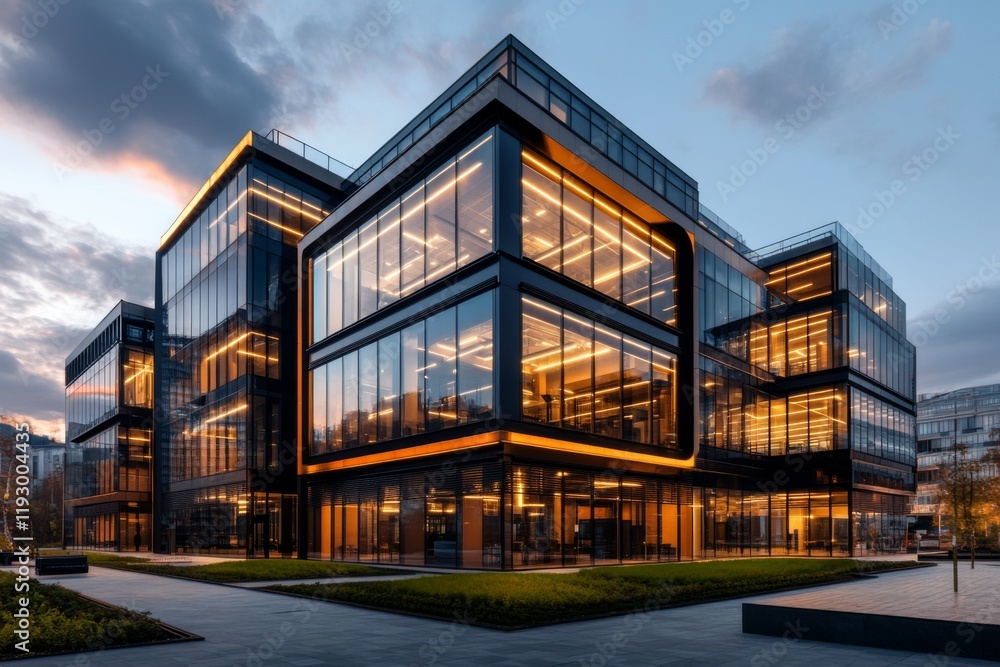 A modern office building equipped with energy-efficient lighting and smart utility monitoring systems A modern office building equipped with energy-efficient lighting and smart utility monitoring systems