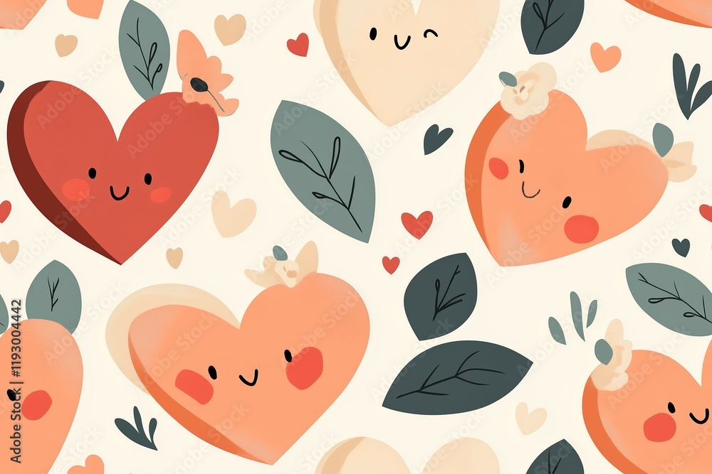 Adorable hand-drawn pattern featuring cheerful hearts with smiling faces, floral decorations, and leafy accents. Adorable hand-drawn pattern featuring cheerful hearts with smiling faces, floral decorations, and leafy accents.