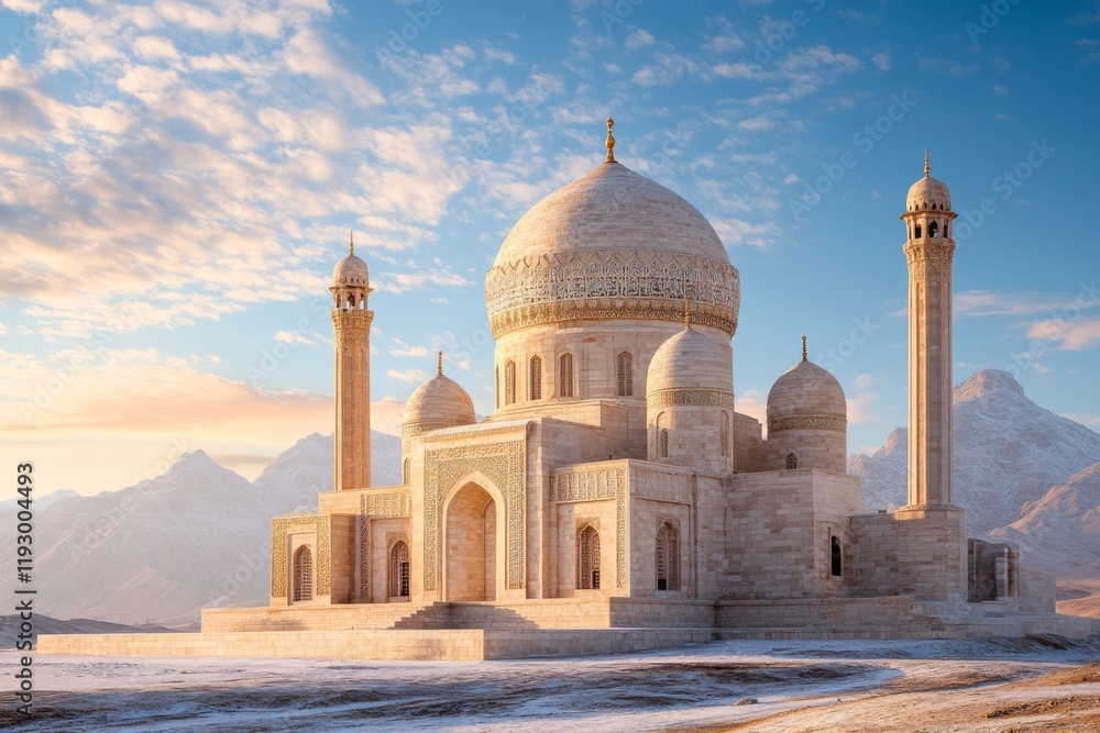 Fototapeta premium A modern, minimalist design of the Shah-i-Zinda necropolis, using vibrant blues and subtle gold accents on a neutral canvas