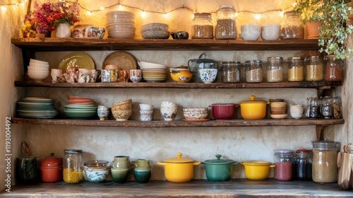 Wallpaper Mural A cozy kitchen shelf decorated with fairy lights, colorful dishware, and neatly arranged jars. Torontodigital.ca