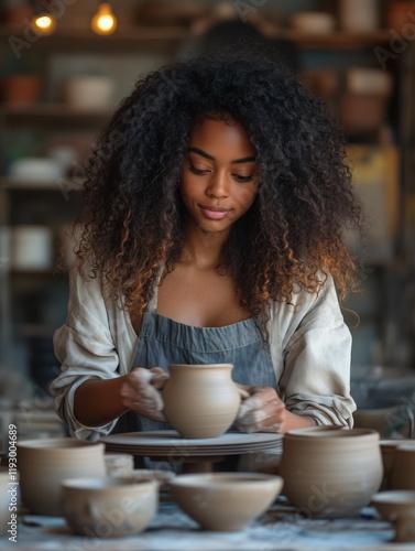Young black woman with curly hair making clay mugs and vases in art studio