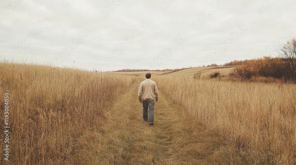 Obraz premium Man walks alone on path through tall autumn grass.