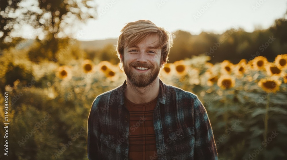 A smiling man stands in a sunflower field during sunset, exuding warmth and joy. A smiling man stands in a sunflower field during sunset, exuding warmth and joy.