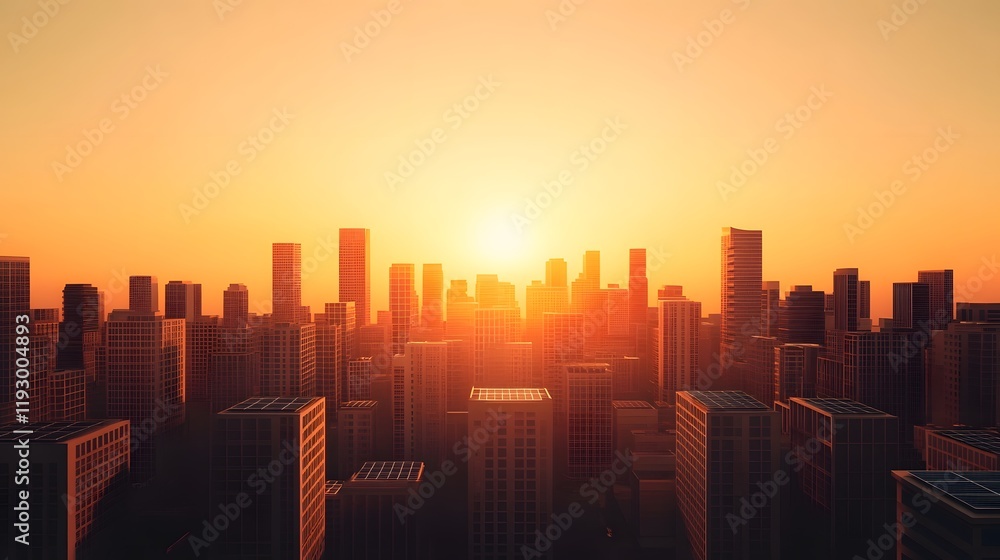 Obraz premium Futuristic Cityscape with Solar-Powered High-Rises Bathed in Golden Sunlight