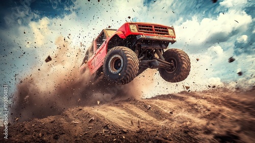 Red monster truck airborne, soaring over a dirt ramp, kicking up dust and debris under a dramatic sky.