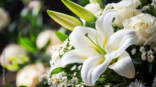 Fototapeta Naklejka Na Ścianę i Meble -  A somber funeral flower arrangement with lilies and white roses.