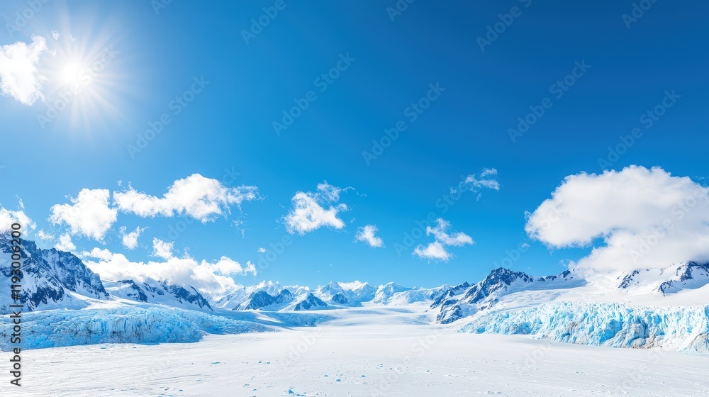Large glacier covered in snow featuring striking blue ice and dramatic landscape in a natural environment Large glacier covered in snow featuring striking blue ice and dramatic landscape in a natural environment