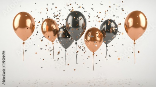 A festive display of black and copper balloons with confetti, perfect for celebrations.