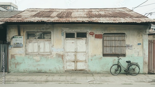 Old weathered house with bicycle parked outside.