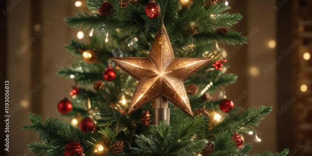 Fototapeta premium A bright light from a star lights up a beautifully decorated Christmas tree with metal ornaments, Festive Background, Holiday Decorations