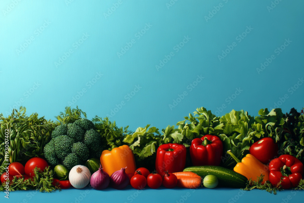 Explore a vibrant display of fresh vegetables, including peppers, broccoli, tomatoes, and greens, set against a soothing blue background, celebrating the beauty of healthy eating. Explore a vibrant display of fresh vegetables, including peppers, broccoli, tomatoes, and greens, set against a soothing blue background, celebrating the beauty of healthy eating.