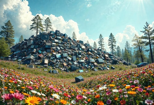 A mountain range of discarded electronics amidst a backdrop of wildflowers and trees , electronic waste, fauna photo