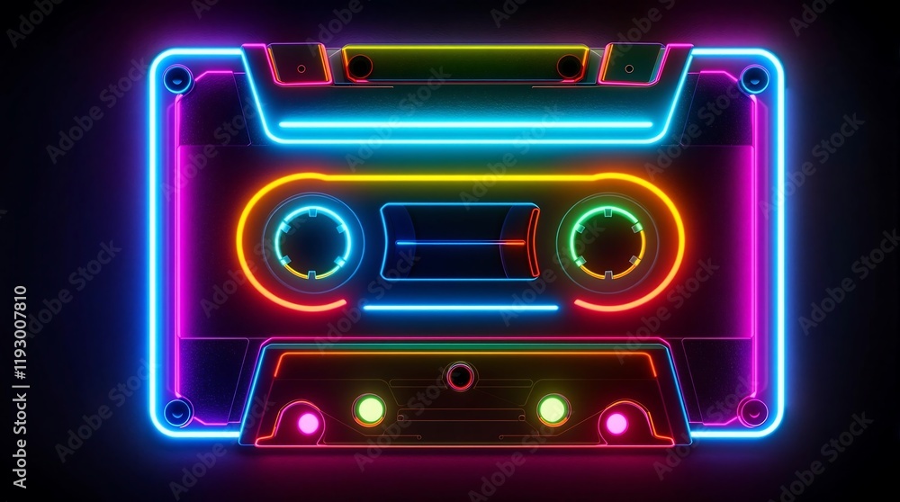 Fototapeta premium Neon cassette symbolizing nostalgia of the 90s and audio music listening