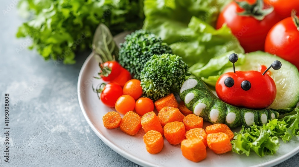 Whimsical Plant-Based Snack Plate with Colorful Vegetable Treats Whimsical Plant-Based Snack Plate with Colorful Vegetable Treats