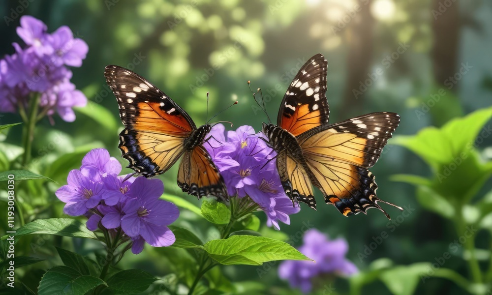 Obraz premium A butterfly sips nectar from a violet flower's center with a blurred background of green leaves, flowers, leaf, nature
