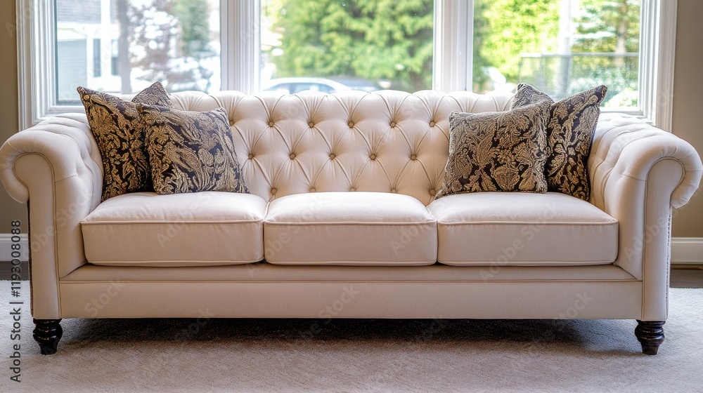 Fototapeta premium A luxurious cream-colored sofa with decorative cushions in a modern living room, featuring large windows and abundant natural light.