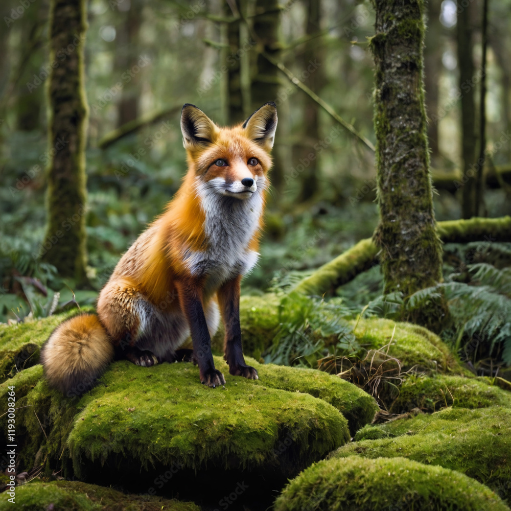 Obraz premium Fox Sitting on a Rock in the Forest