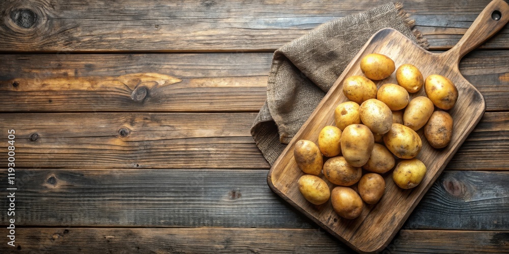Rustic Wooden Board with a Pile of Freshly Harvested Potatoes and Burlap Cloth Rustic Wooden Board with a Pile of Freshly Harvested Potatoes and Burlap Cloth