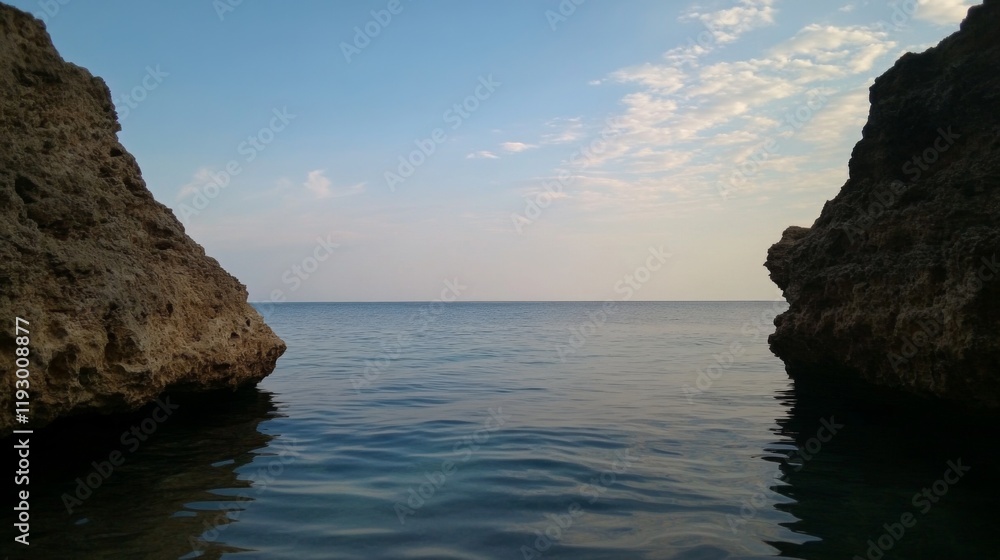 Fototapeta premium Serene seascape viewed through rock formations.