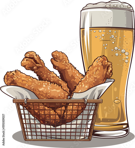 Colorful chicken wings and beer vector art illustration