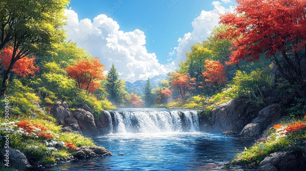 Fototapeta premium Autumn Waterfall Serenity: A picturesque landscape painting of a cascading waterfall amidst vibrant autumn foliage, under a bright, sunny sky.