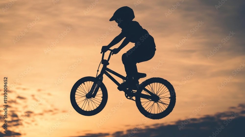 Obraz premium Silhouette of child biking, jumping at sunset.