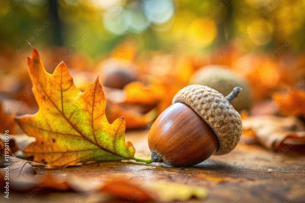 A close-up shot of an oak acorn on a forest floor amidst fallen leaves, autumn leaves, outdoor scene A close-up shot of an oak acorn on a forest floor amidst fallen leaves, autumn leaves, outdoor scene