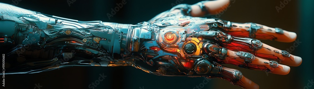 Fototapeta premium Tattooed human hand with bioengineered enhancements